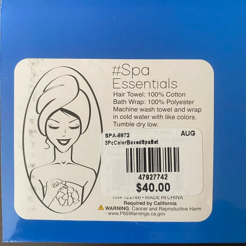 NEW Spa Essentials Blue Hair Towel, Towel Wrap, and Loofah Set
